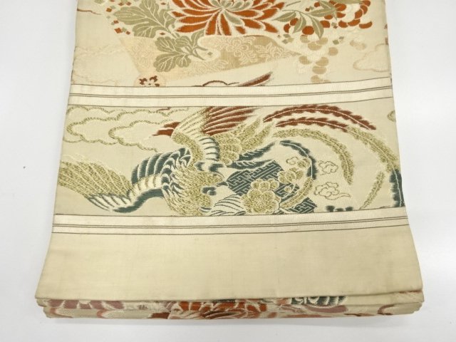  アンティーク　桧扇に鳳凰・菊模様織り出し丸帯（材料）